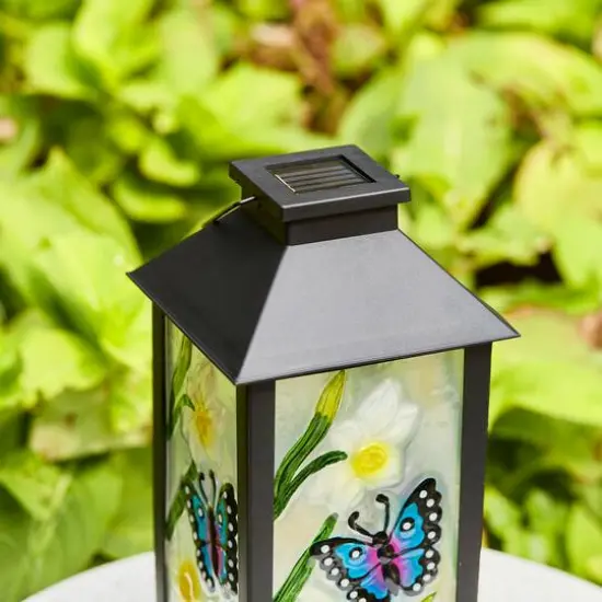 Glitzhome&reg; 11" Glass with Butterfly & Flower Pattern Solar Powered Hanging Lanterns, 2ct. {6}