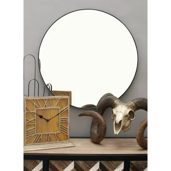 24" Black Wood Contemporary Round Wall Mirror {6}
