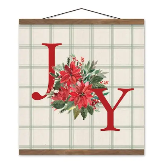 Joy Pointsettia Teak Hanging Canvas Wall Art {1}