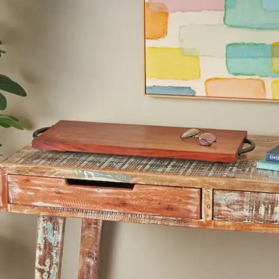 28" Brown Wood Tray with Black Metal Handles {3}