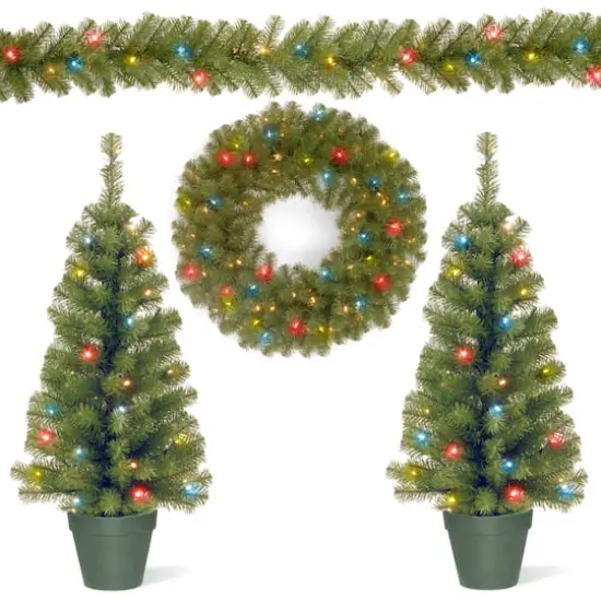 4-Piece Pre-Lit Artificial Christmas Garland, Wreath & Trees Set, Multicolor LED Lights {1}