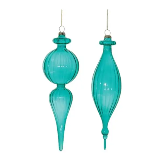 Blue Ribbed Glass Finial Drop Ornament Set {3}