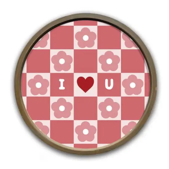 I Heart You Daisy Check Round Brown Framed Print {1}