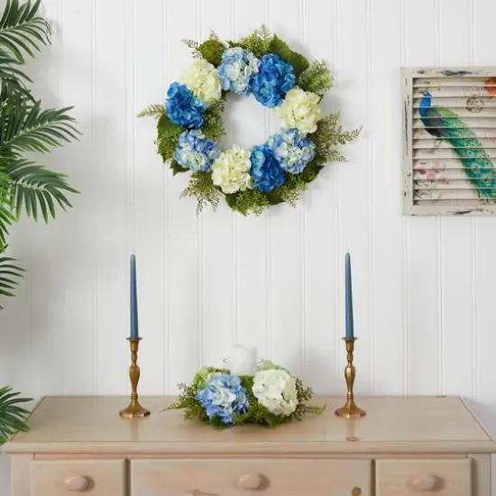 24&rdquo; Blue & White Hydrangea Wreath {6}