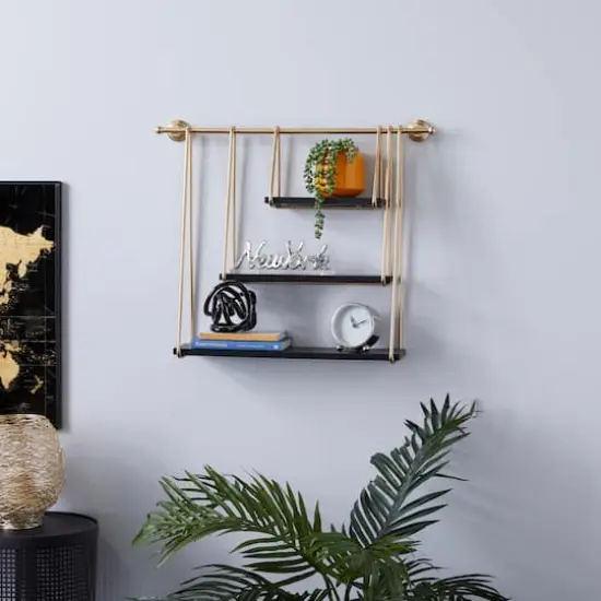 Gold Metal and Wood Modern Wall Shelves, 22" x 26" x 6" {8}