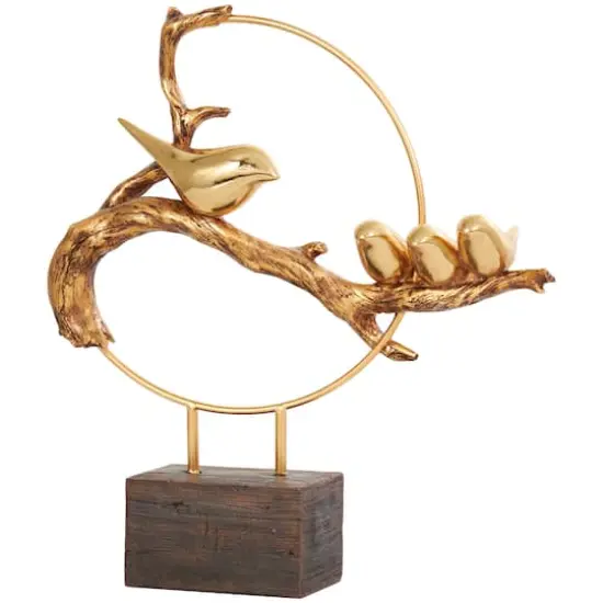 16" Gold Polystone Bird Family On A Branch Sculpture with Brown Block Base {1}