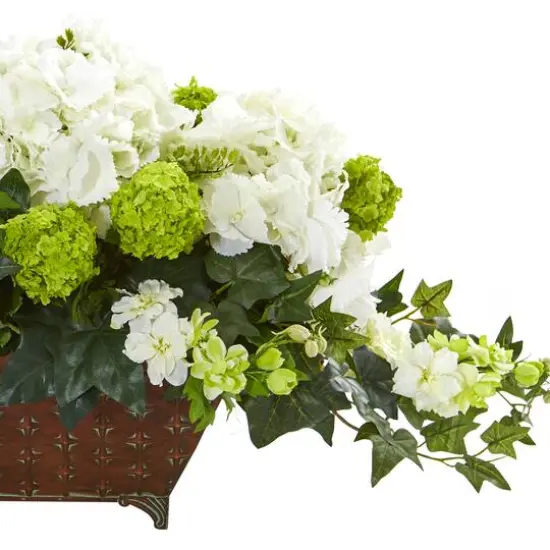 15.5" White Hydrangea & Ivy Arrangement in Metal Planter {4}