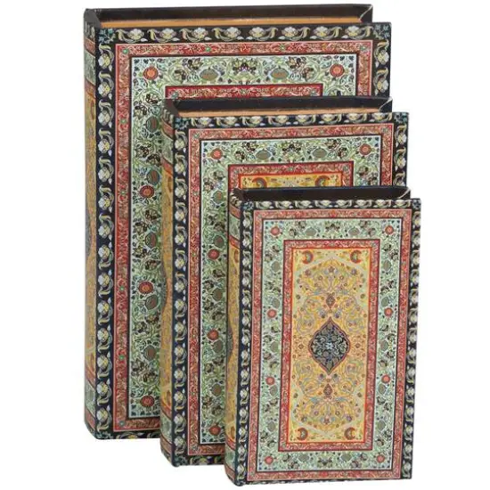 Arabesque Pattern Canvas Storage Book Box Set Green/Yellow/Red {3}