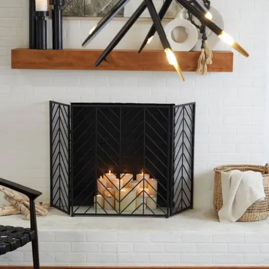 Black Metal Foldable Mesh Netting 3 Panel Geometric Fireplace Screen with Chevron Pattern 52" x 1" x 31" {7}