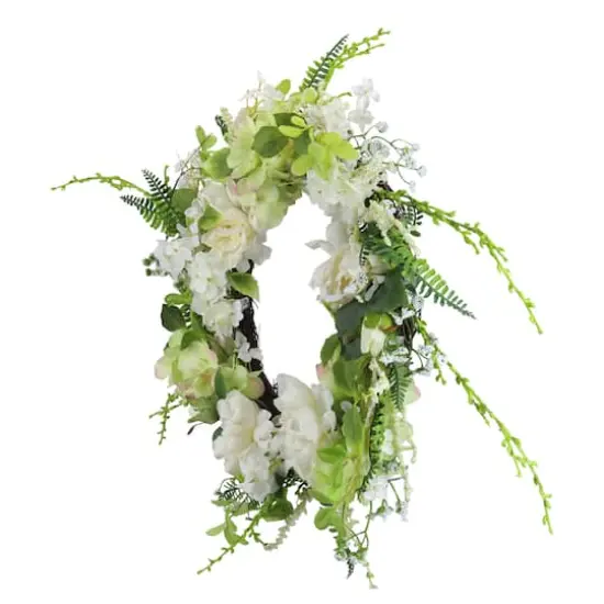 24" White & Green Peony & Rose Artificial Floral Spring Wreath {3}