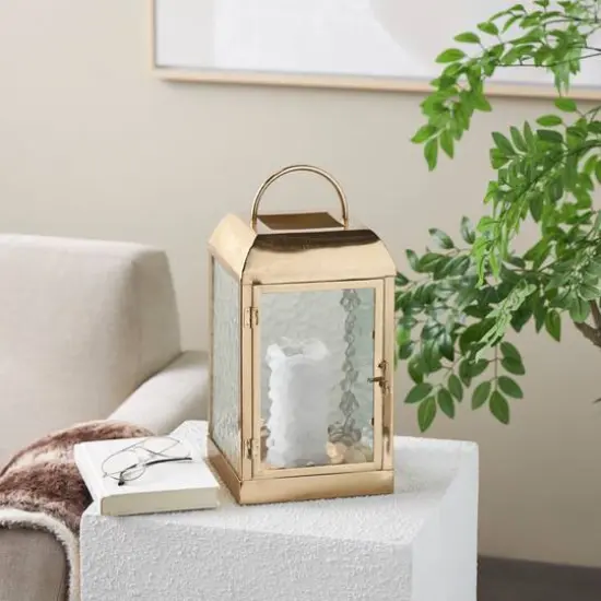 16" Gold Metal Candle Lantern with Pebbled Glass {7}