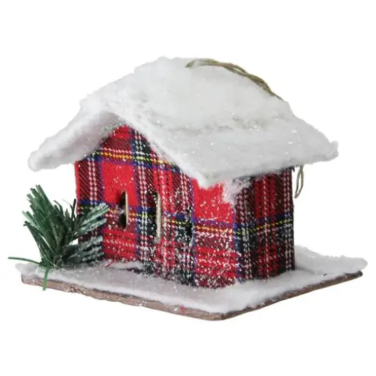4.5" Frosted & Glittered Red & White Plaid Snow Covered Cabin Christmas Ornament {1}