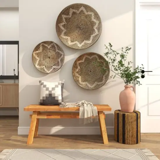 Brown Banana Leaf Handmade Linear Wrapped Accent Table with Navy Stripes {17}