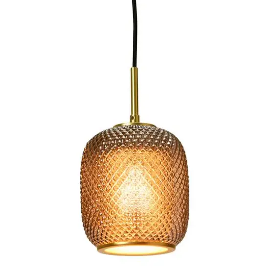 Hello Honey® Smoked Embossed Glass Shade Pendant Lamp with Brass Accents {8}