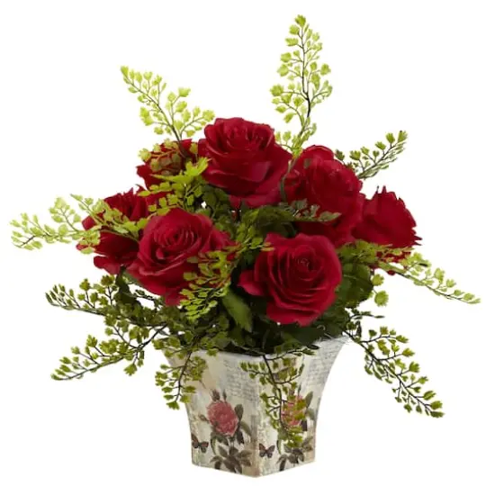 13" Red Rose & Maiden Hair Arrangement in Floral Planter {1}