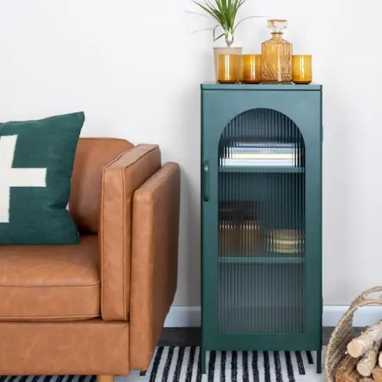 Hello Honey&reg; 40" Solstice Narrow Metal Accent Cabinet with Adjustable Storage Shelves and Arched Glass Door Dark Green {4}