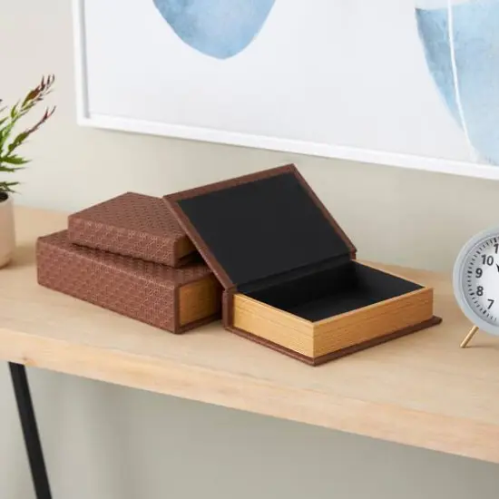 Faux Leather Geometric Woven Grid Book Storage Box Set Brown {9}