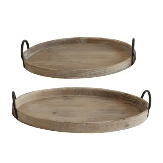 Hello Honey&reg; Brown Wood Round Trays with Metal Handles Set {3}