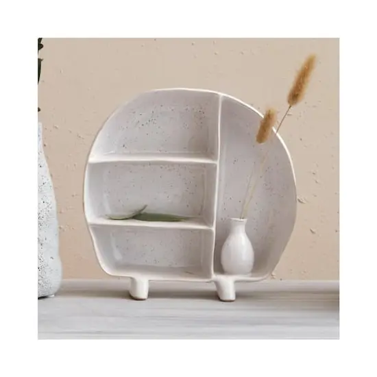 Hello Honey&reg; 8.5" Cream Stoneware Footed Shelf with 4 Compartments & Attached Vase with Reactive Glaze {4}