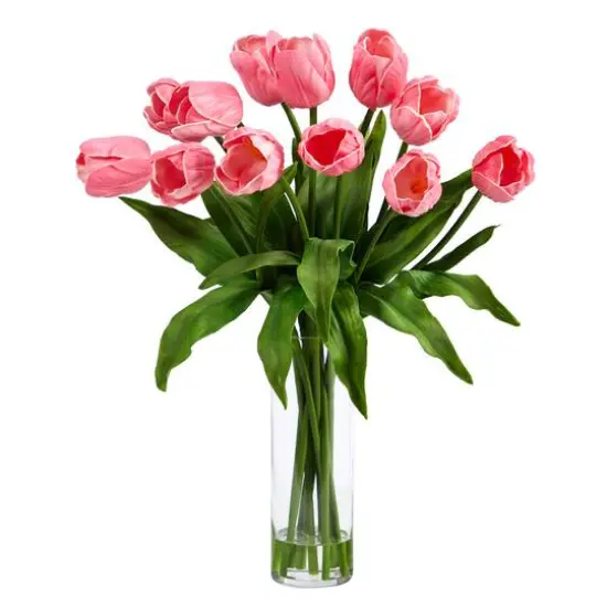 23" Artificial Tulip Arrangement with Cylinder Glass Vase Pink {1}