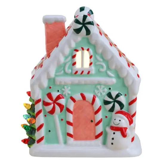 7" Teal Nostalgic Ceramic Lit Gingerbread House {1}