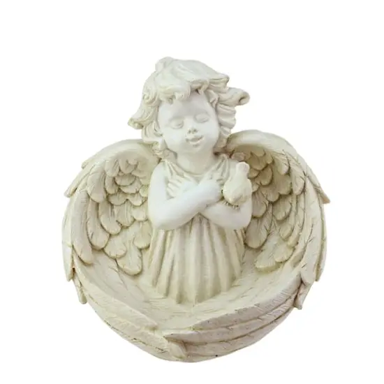 9.5" Distressed Ivory Cherub Angel Bird Feeder Garden Statue {1}