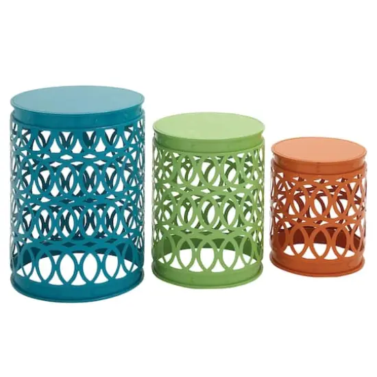 Aqua, Green & Orange Metal Coastal Accent Table Set {1}
