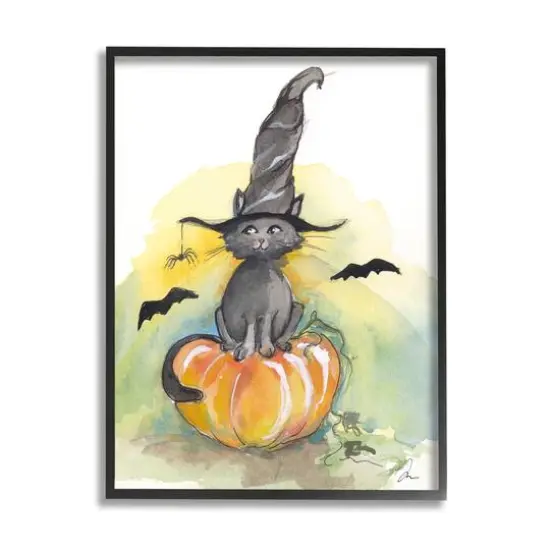 Stupell Industries Witch Cat on Pumpkin Framed Giclee Art Black {1}