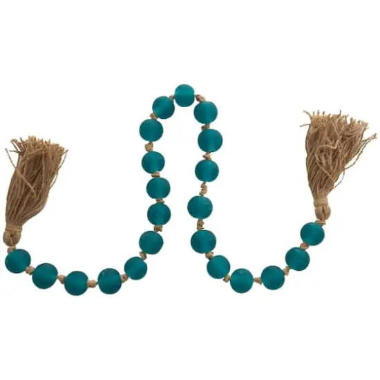45" Handmade Round Frosted Glass Bead Garland with Tassels & Knotted Jute Dark Teal {3}