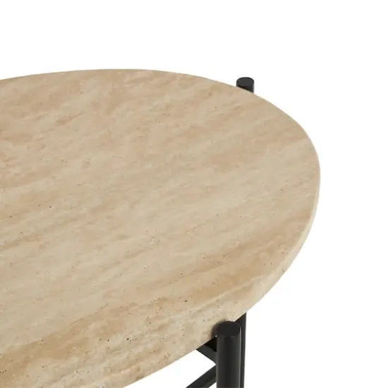 19.75" Beige Marble Accent Table with Black Metal Support {7}