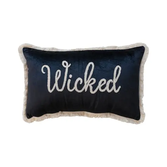 Hello Honey&reg; 24" x 14" Black & Cream Wicked Cotton Velvet Lumbar Pillow with Embroidery & Fringe {1}