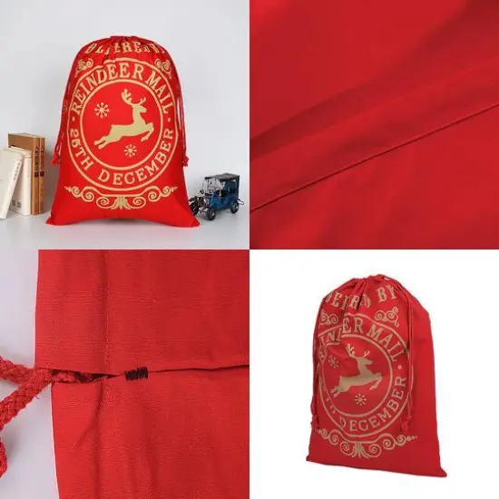 19" x 26" Delivered By Christmas Red Cotton Drawstring Bag {5}