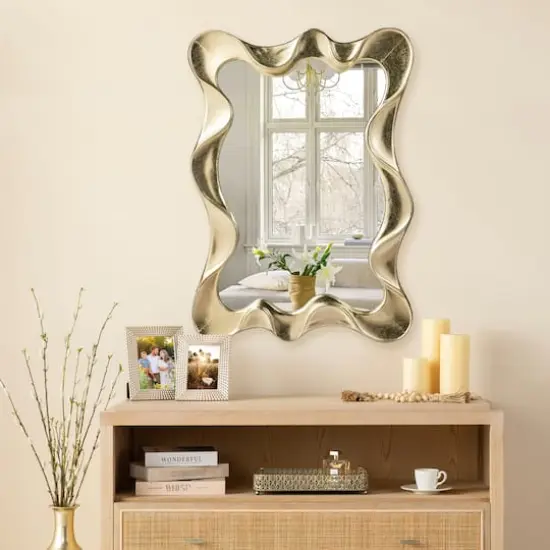 Glitzhome&reg; 34.25" Modern Gold Foil Metal Frame Wavy Wall Mirror {3}