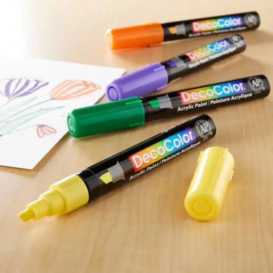 DecoColor&reg; Violet, Yellow, Green, & Orange Chisel Tip Acrylic Paint Marker Set {3}