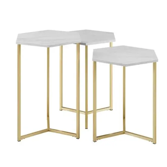 Walker Edison Faux White Marble/Gold Hexagon Modern Nesting Tables Set {3}
