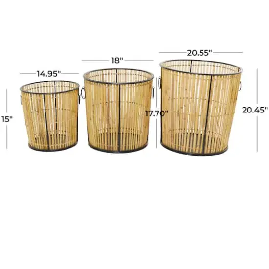 Light Brown Rattan Handmade Slatted Frame Storage Basket with Ring Handles Set of 3 20", 18", 15" {6}
