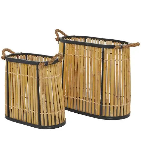 Brown Wicker Handmade Slatted Frame Storage Basket with Handles Set of 2 19", 14" {3}