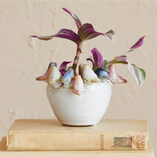 Hello Honey® 5" Multicolor Reactive Glaze Stoneware Planter with Birds on Rim {4}