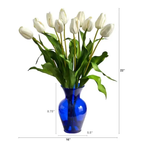 22" White Dutch Tulip Arrangement in Blue Vase {3}