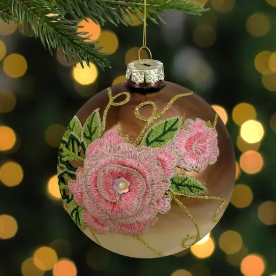 5" 2-Finish Brown & Pink Floral Applique Glass Ball Ornament {3}