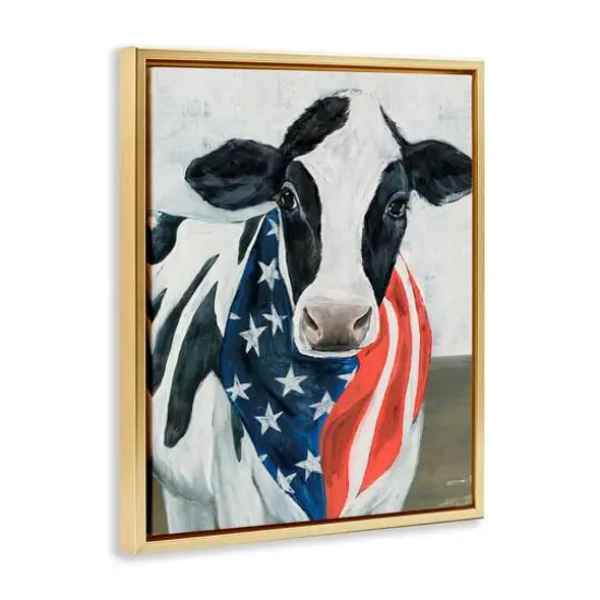 Stupell Industries Farm Cow American Flag Animal Floater Framed Art Gold {4}