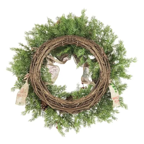 Glitzhome&reg; 24" Cypress Leaves & Pinecone Wreath with Ribbon & Bow {9}