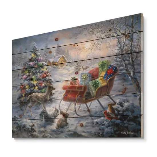 Designart Christmas Tree with Sleigh Print on Natural Pine Wood {1}