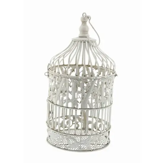 Vintage Distressed White Metal Floral Bird Cage Set {3}