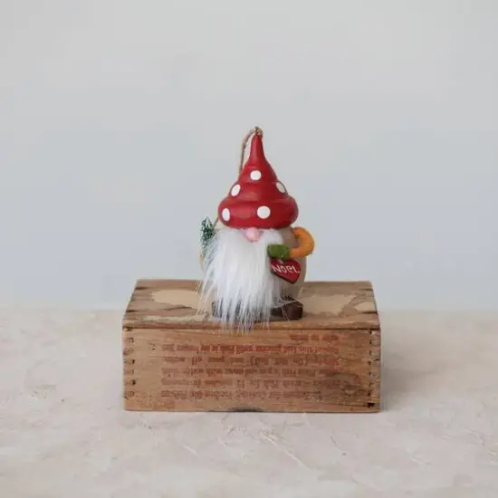 Hello Honey&reg; 4.25" Wood Gnome with Mushroom Hat Ornament {3}