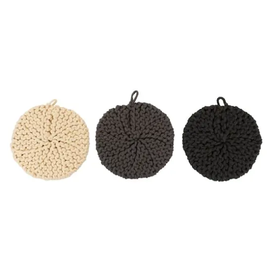 Hello Honey&reg; 8" Black, Gray & Cream Round Cotton Crocheted Pot Holder Set {1}