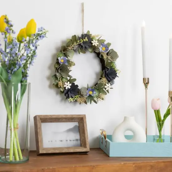 10.5" Green & Blue Wooden Mixed Floral Artificial Spring Wreath {3}