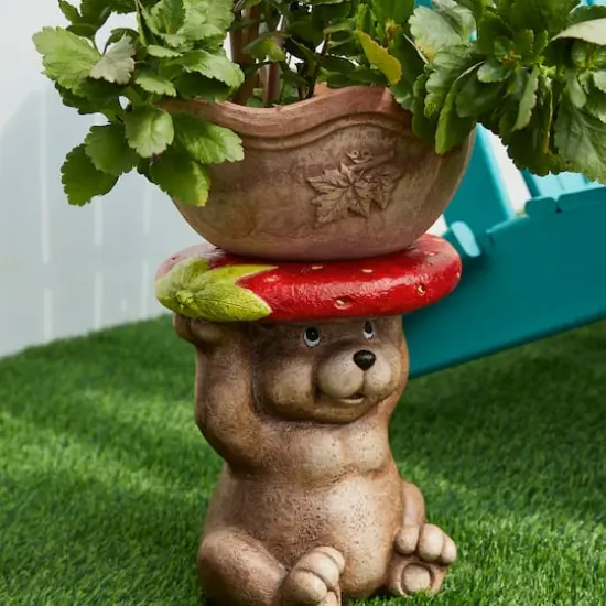 Glitzhome&reg; 12.5" Bear Holding a Strawberry Decorative Garden Stool {4}