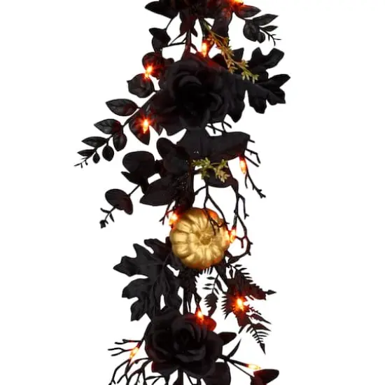 6ft. Chic Eek Black & Gold Halloween Pumpkin & Flower Pre-Lit LED Garland {7}