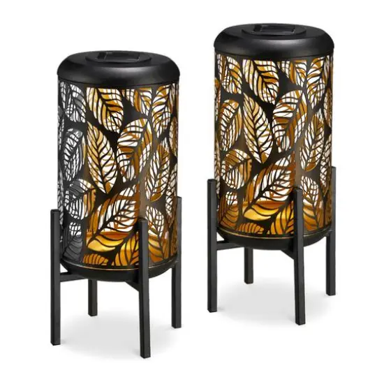 Glitzhome&reg; 14.25" Black Metal Cutout Leaves Pattern Solar Powered LED Outdoor Lantern, 2ct. {1}